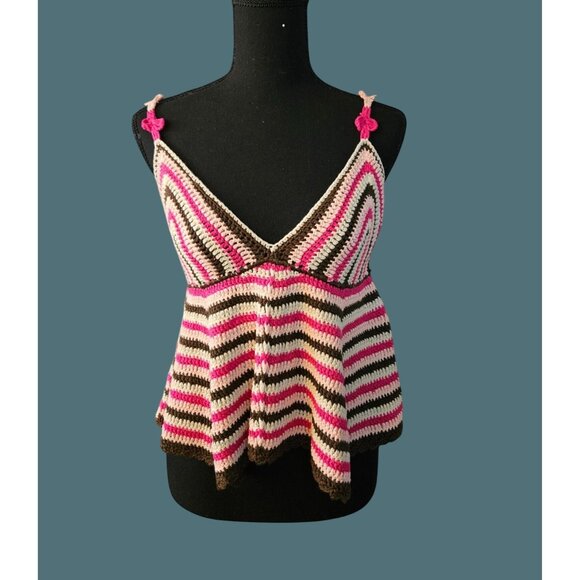 2/$35 POL Crochet Striped V-Neck Babydoll Cropped Boho Hippie Girl Top Women S - Picture 3 of 9